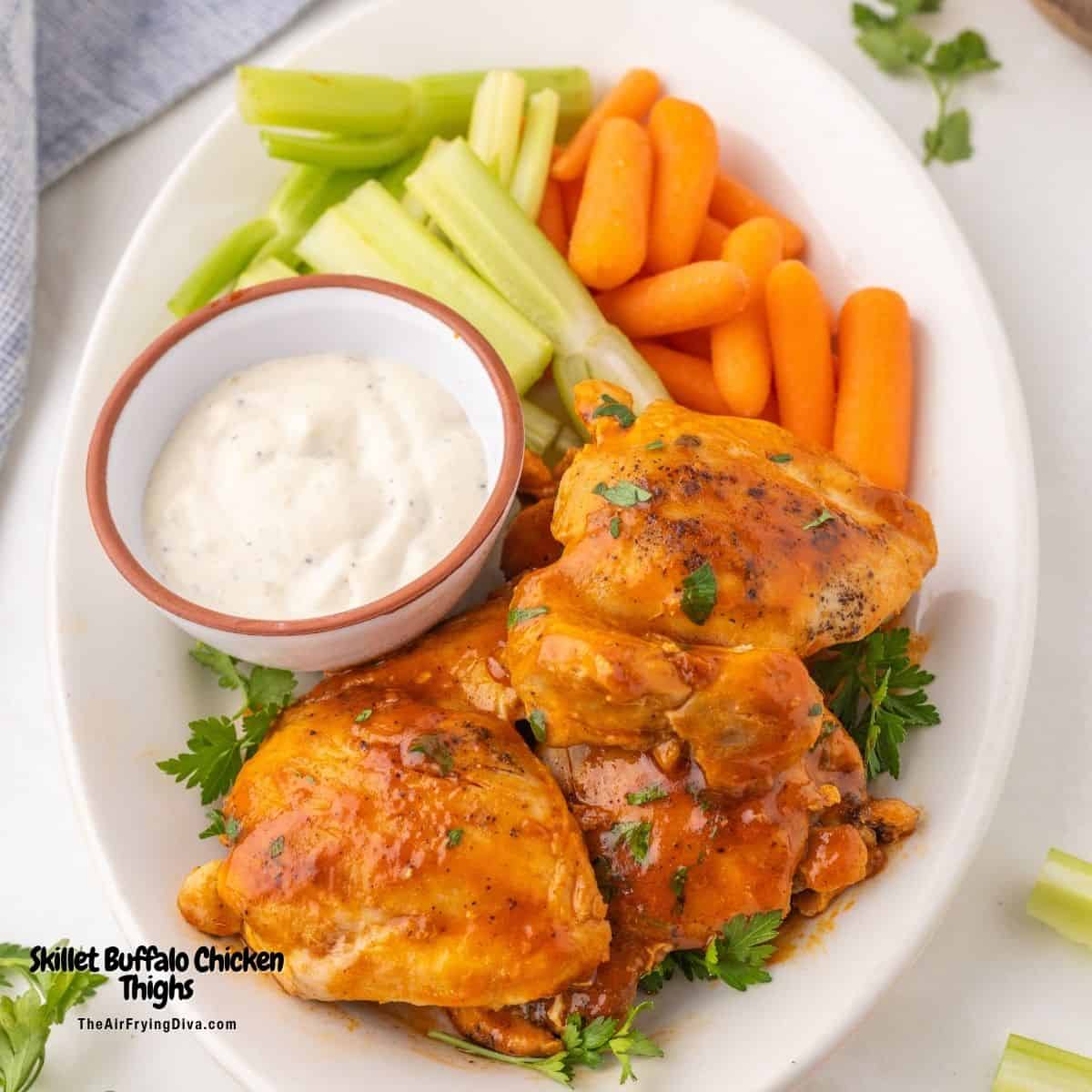 Skillet Buffalo Chicken Thighs, a quick and easy chicken recipe featuring tender and juicy chicken cooked on a stovetop to perfection. Skillet Buffalo Chicken Thighs