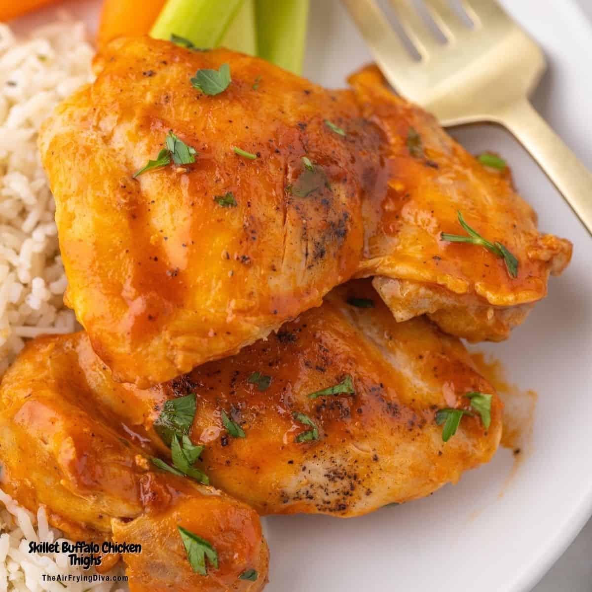 Skillet Buffalo Chicken Thighs, a quick and easy chicken recipe featuring tender and juicy chicken cooked on a stovetop to perfection. Skillet Buffalo Chicken Thighs, a quick and easy chicken recipe featuring tender and juicy chicken cooked on a stovetop to perfection. https://theairfryingdiva.com/