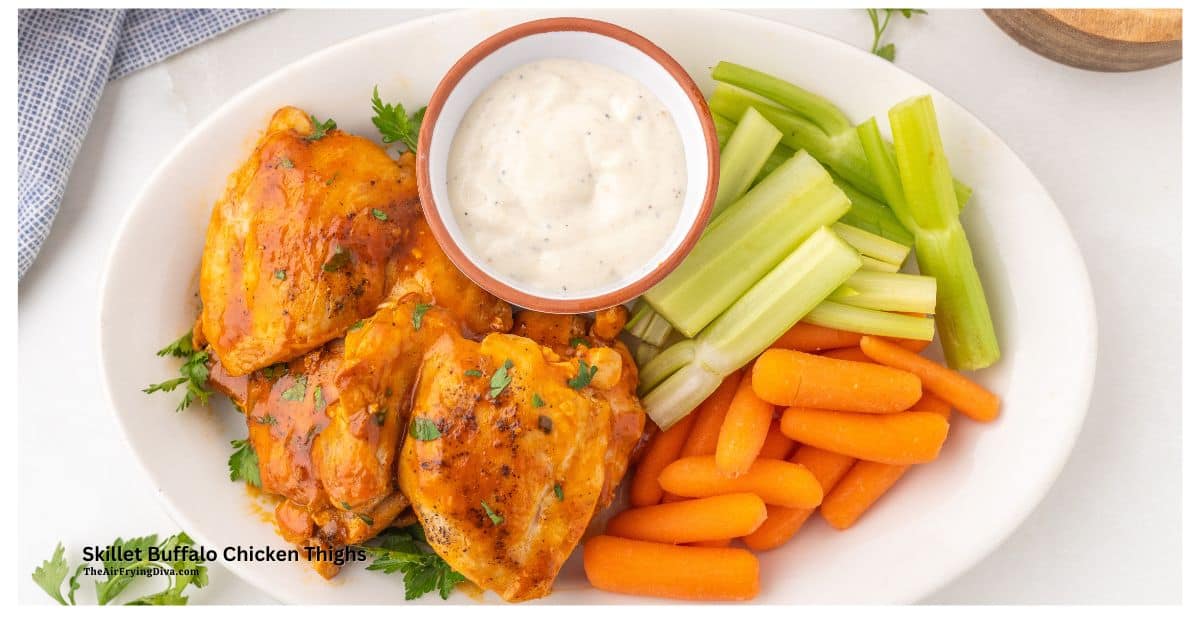 Skillet Buffalo Chicken Thighs, a quick and easy chicken recipe featuring tender and juicy chicken cooked on a stovetop to perfection. Skillet Buffalo Chicken Thighs, a quick and easy chicken recipe featuring tender and juicy chicken cooked on a stovetop to perfection. https://theairfryingdiva.com/