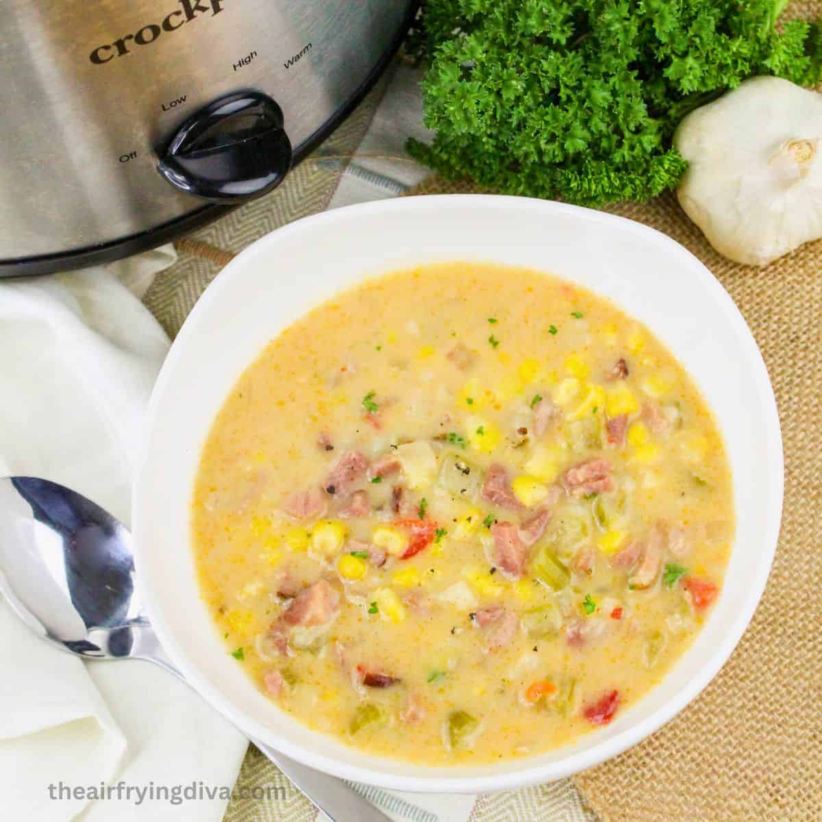 Crockpot Ham and Corn Chowder Recipe-This creamy soup is packed with potatoes, ham, and sweet corn. A cozy, hearty, comforting favorite. Crockpot Ham and Corn Chowder Recipe-This creamy soup is packed with potatoes, ham, and sweet corn. A cozy, hearty, comforting favorite.
