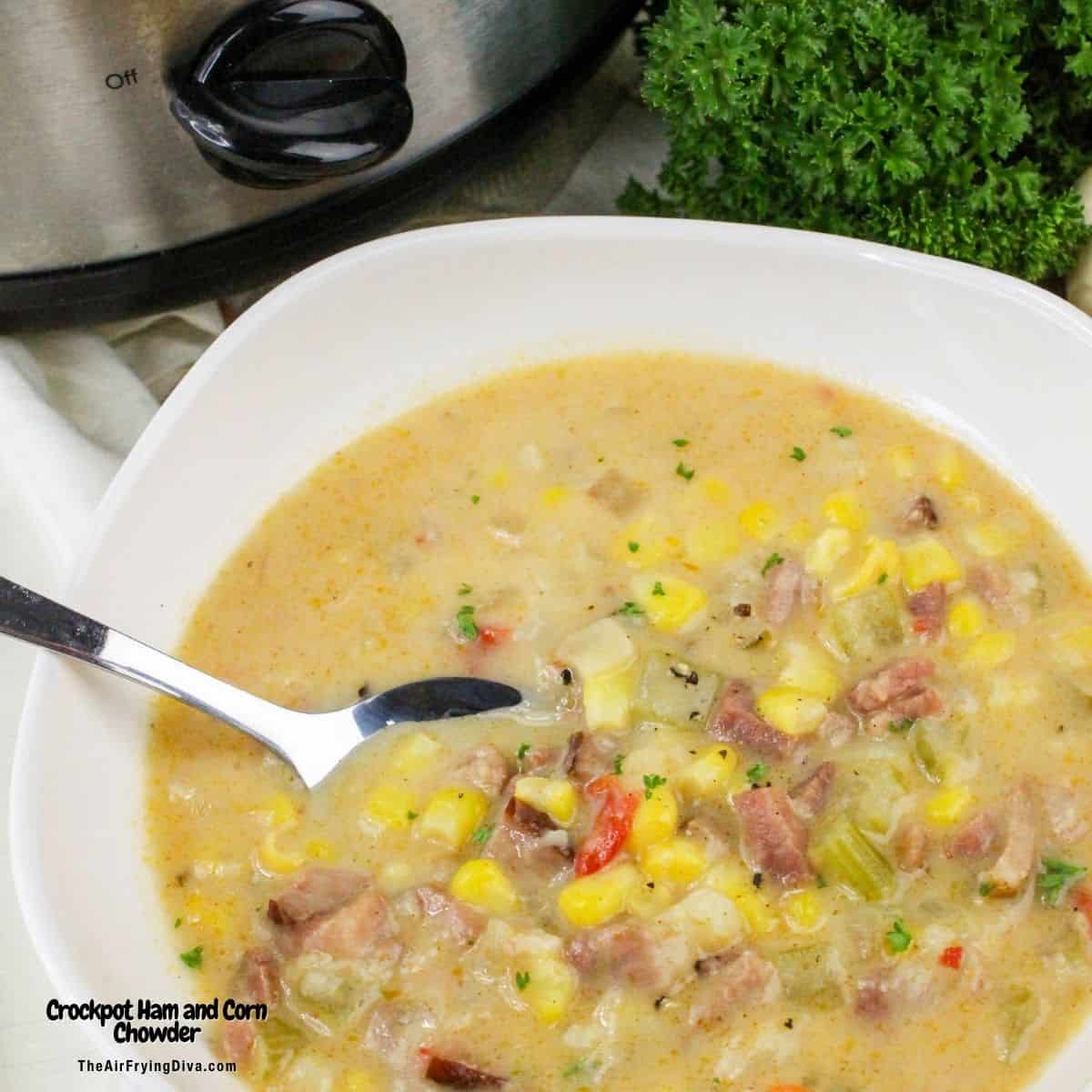 Crockpot Ham and Corn Chowder Recipe-This creamy soup is packed with potatoes, ham, and sweet corn. A cozy, hearty, comforting favorite. Crockpot Ham and Corn Chowder Recipe-This creamy soup is packed with potatoes, ham, and sweet corn. A cozy, hearty, comforting favorite.