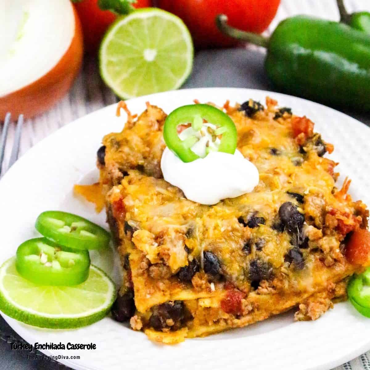 Turkey Enchilada Casserole, a simple and hearty dinner recipe made with ground turkey, beans and enchilada sauce.