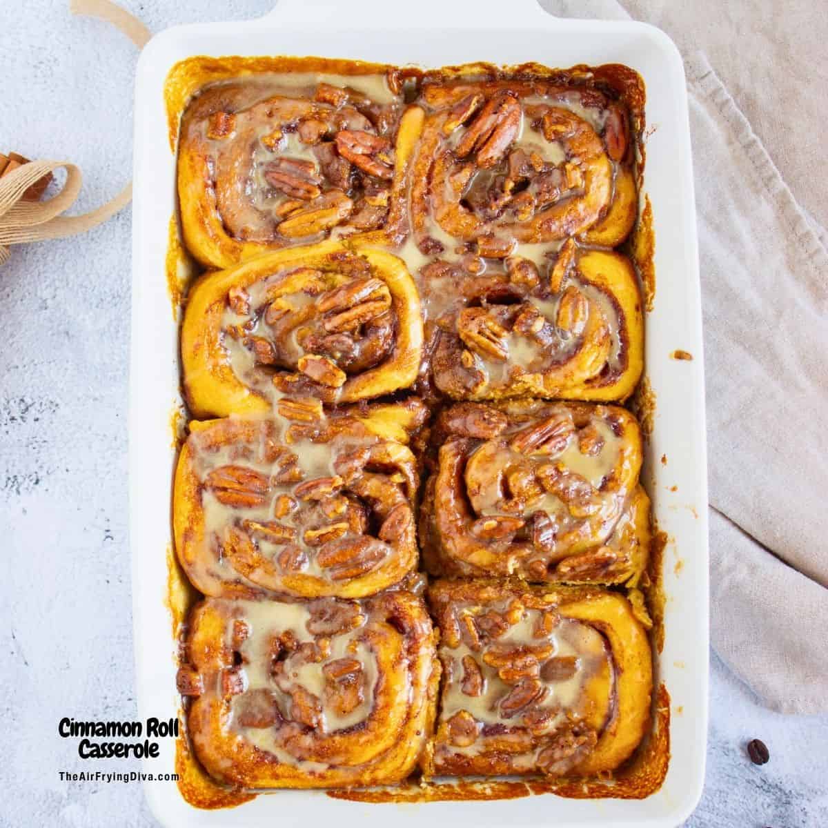 Cinnamon Roll Casserole, an easy breakfast or brunch recipe for turning refrigerated rolls into a gooey, custard-filled delight in minutes. Cinnamon Roll Casserole, an easy breakfast or brunch recipe for turning refrigerated rolls into a gooey, custard-filled delight in minutes.