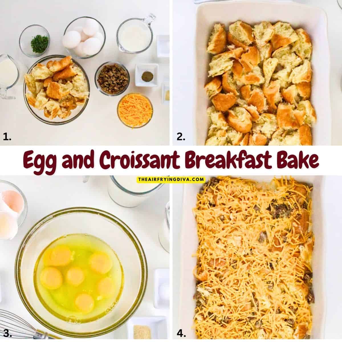 Egg and Croissant Breakfast Bake an easy recipe features savory sausage, sharp cheddar, and buttery croissants. The ultimate easy morning meal Egg and Croissant Breakfast Bake