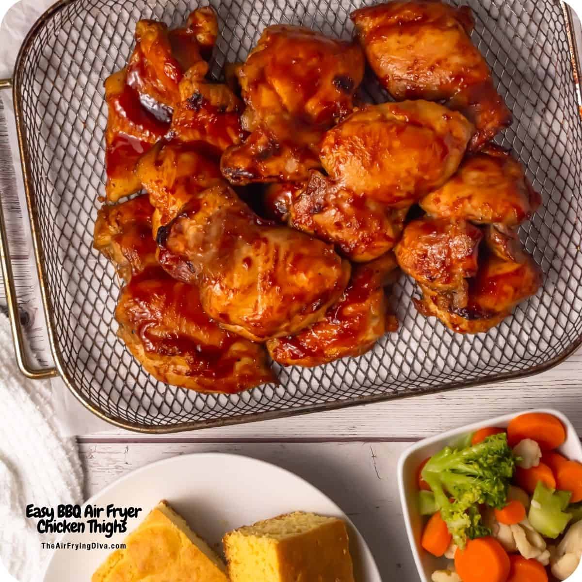 Easy BBQ Air Fryer Chicken Thighs recipe featuring savory and incredibly juicy chicken with a sticky barbecue glaze air fried to perfection. Easy BBQ Air Fryer Chicken Thighs recipe featuring savory and incredibly juicy chicken with a sticky barbecue glaze air fried to perfection.