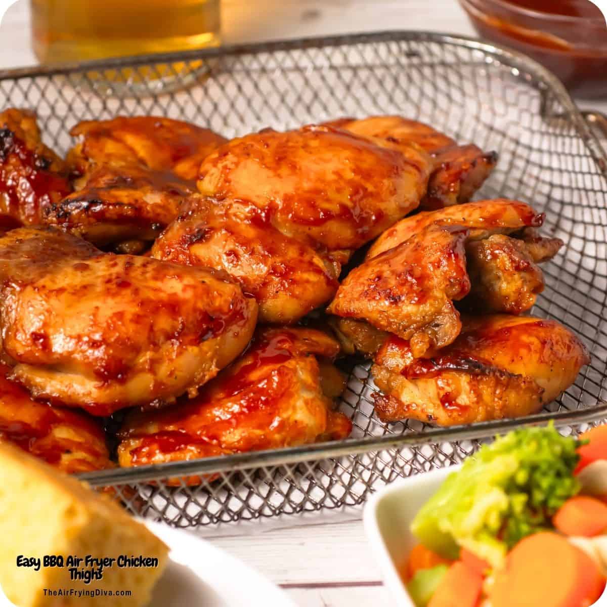 Easy BBQ Air Fryer Chicken Thighs recipe featuring savory and incredibly juicy chicken with a sticky barbecue glaze air fried to perfection. Easy BBQ Air Fryer Chicken Thighs recipe featuring savory and incredibly juicy chicken with a sticky barbecue glaze air fried to perfection.