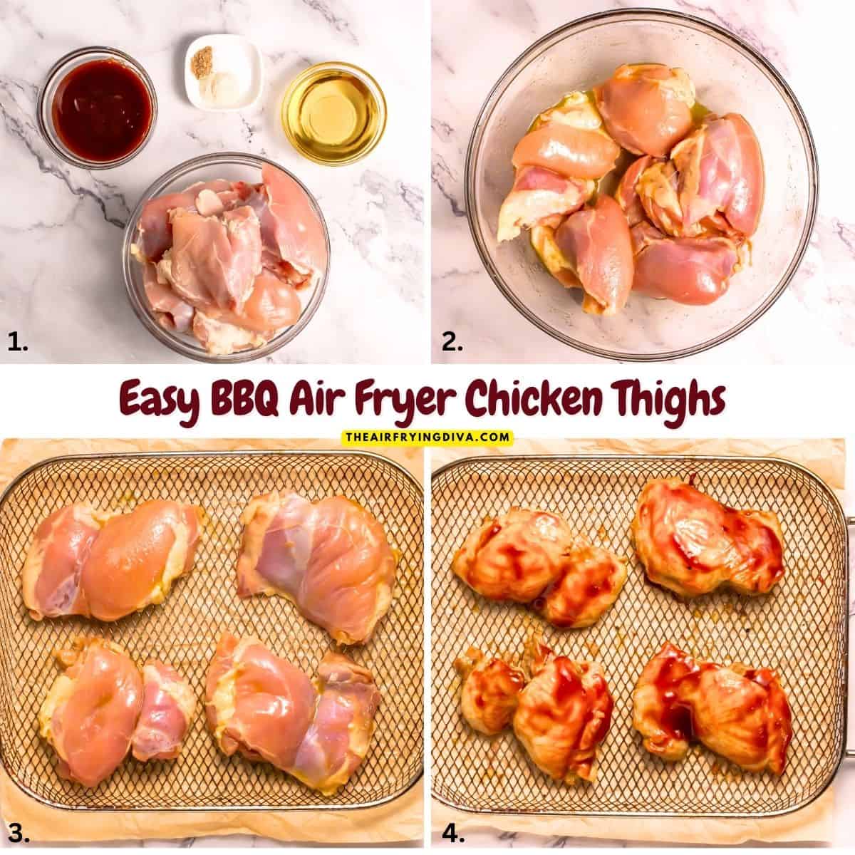 Easy BBQ Air Fryer Chicken Thighs recipe featuring savory and incredibly juicy chicken with a sticky barbecue glaze air fried to perfection. Easy BBQ Air Fryer Chicken Thighs recipe featuring savory and incredibly juicy chicken with a sticky barbecue glaze air fried to perfection.