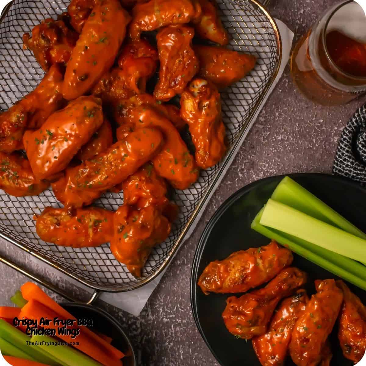 Crispy Air Fryer BBQ Chicken Wings, Get better than take-out wings, easy recipe featuring a perfect crunch and a sticky, caramelized finish.