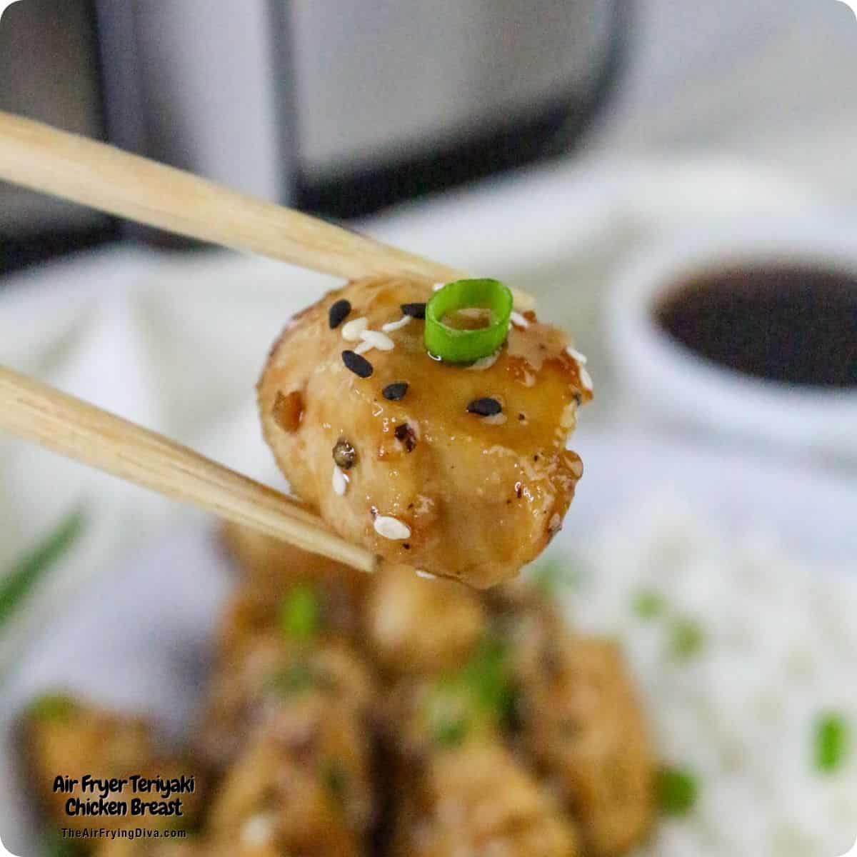 Air Fryer Teriyaki Chicken Breast, an easy recipe for tender bite-sized chicken coated in a sweet and savory sauce, air fried to perfection in under 30 minutes. Air Fryer Teriyaki Chicken Breast, an easy recipe for tender bite-sized chicken coated in a sweet and savory sauce, done in under 30 minutes.