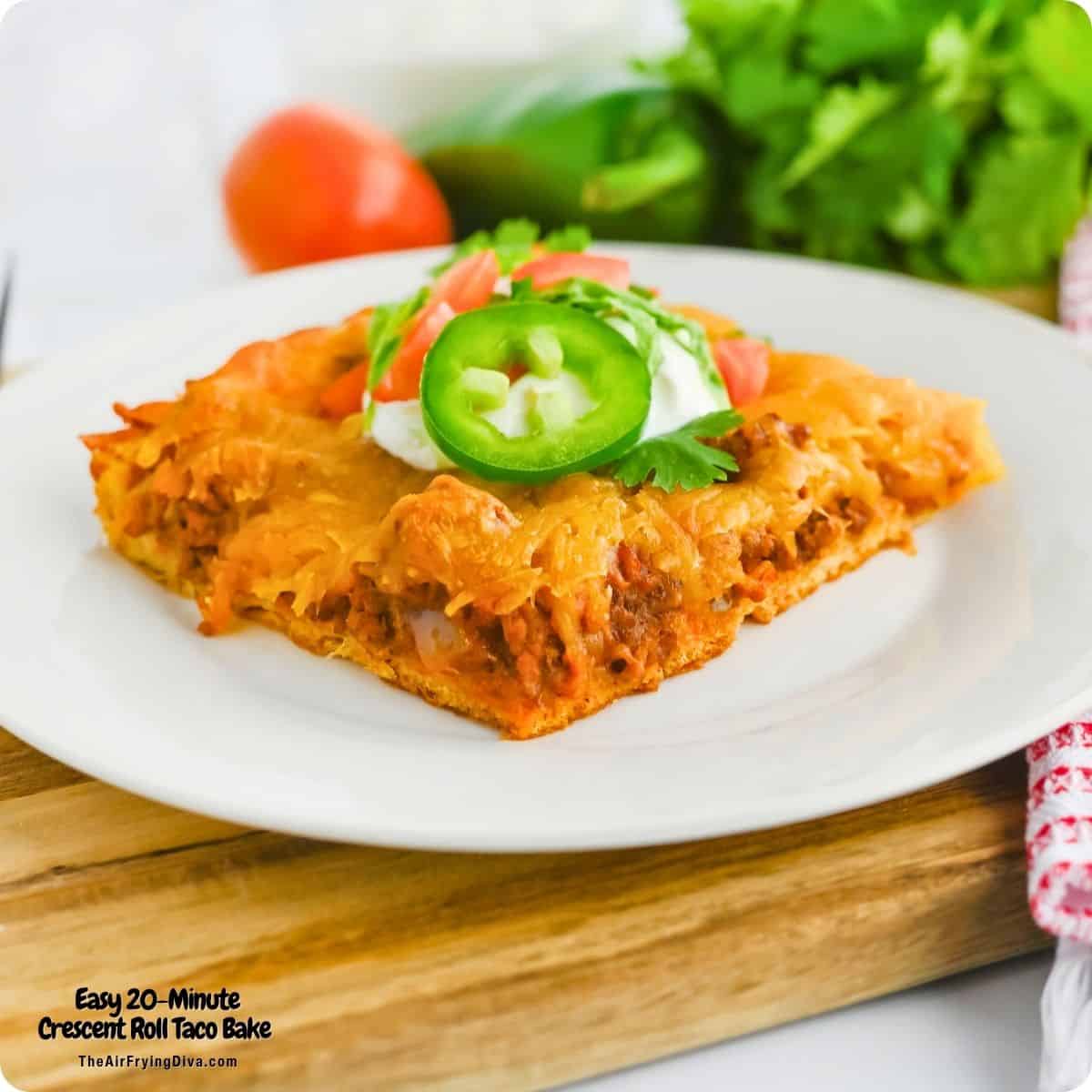Easy 20-Minute Crescent Roll Taco Bake, Made with seasoned ground beef, salsa, buttery crescent rolls, and gooey cheddar cheese! Easy 20-Minute Crescent Roll Taco Bake, Made with seasoned ground beef, salsa, buttery crescent rolls, and gooey cheddar cheese!