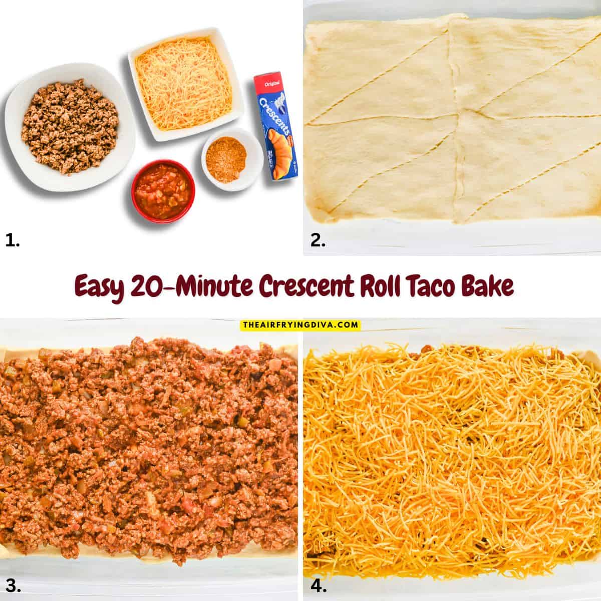 Easy 20-Minute Crescent Roll Taco Bake, Made with seasoned ground beef, salsa, buttery crescent rolls, and gooey cheddar cheese! Easy 20-Minute Crescent Roll Taco Bake, Made with seasoned ground beef, salsa, buttery crescent rolls, and gooey cheddar cheese!