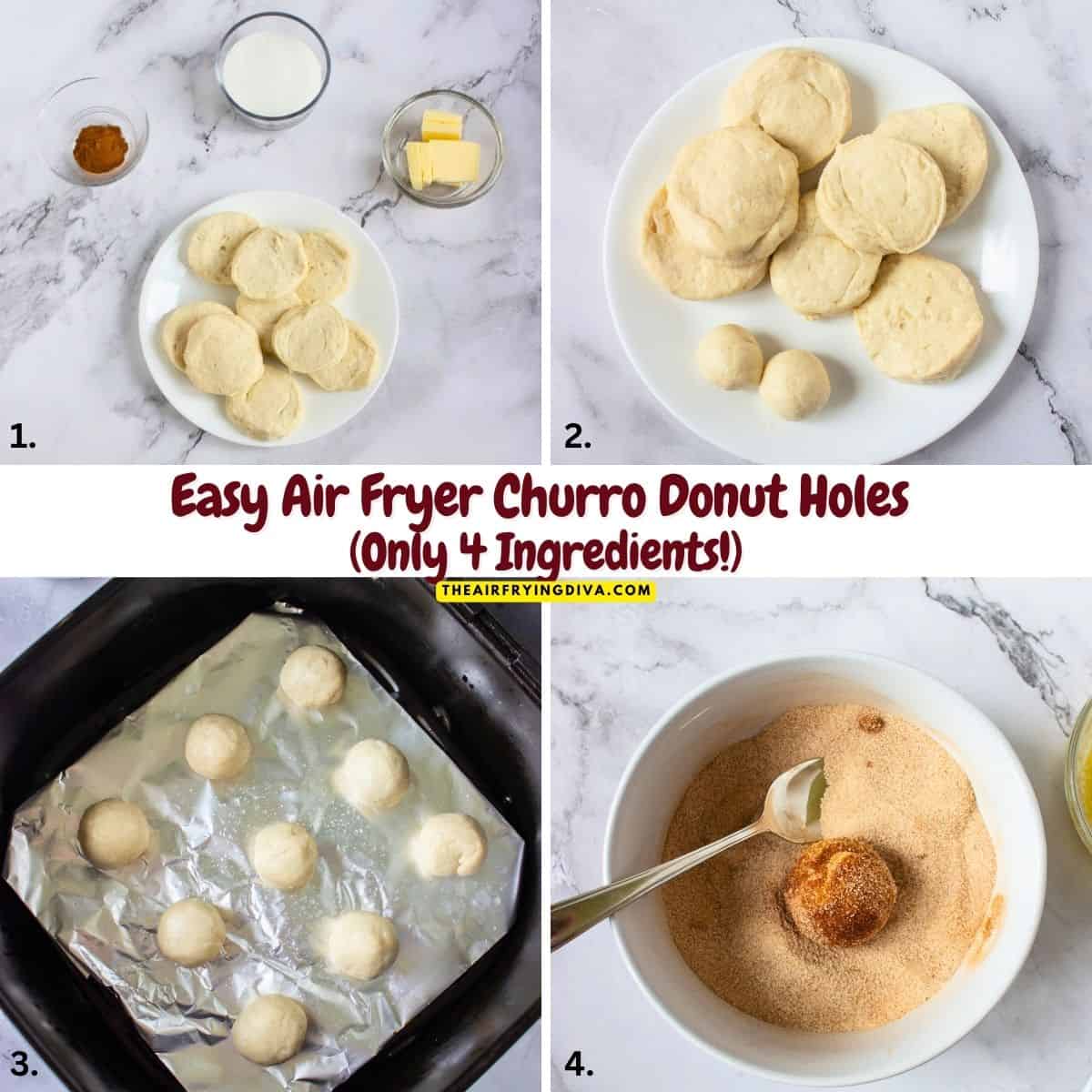 Easy Air Fryer Churro Donut Holes, an easy 4 Ingredient recipe made with refrigerated biscuit dough in under 15 minutes. Easy Air Fryer Churro Donut Holes, an easy 4 Ingredient recipe made with refrigerated biscuit dough in under 15 minutes.