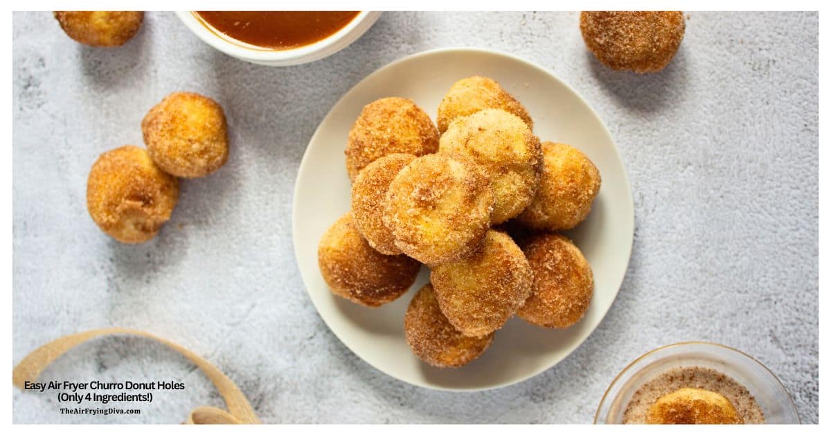 Easy Air Fryer Churro Donut Holes, an easy 4 Ingredient recipe made with refrigerated biscuit dough in under 15 minutes. Easy Air Fryer Churro Donut Holes, an easy 4 Ingredient recipe made with refrigerated biscuit dough in under 15 minutes.