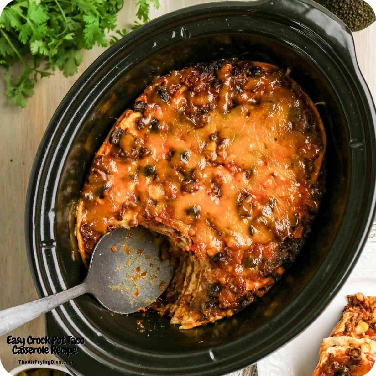Easy Crock Pot Taco Casserole, a recipe for Cheesy Taco Lasagna with Tortillas, seasoned beef, beans, corn, and melty cheese. Easy Crock Pot Taco Casserole, a recipe for Cheesy Taco Lasagna with Tortillas, seasoned beef, beans, corn, and melty cheese.