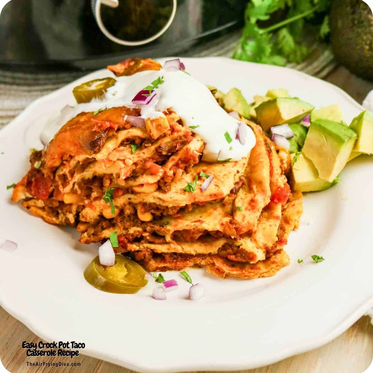 Easy Crock Pot Taco Casserole, a recipe for Cheesy Taco Lasagna with Tortillas, seasoned beef, beans, corn, and melty cheese. Easy Crock Pot Taco Casserole, a recipe for Cheesy Taco Lasagna with Tortillas, seasoned beef, beans, corn, and melty cheese.
