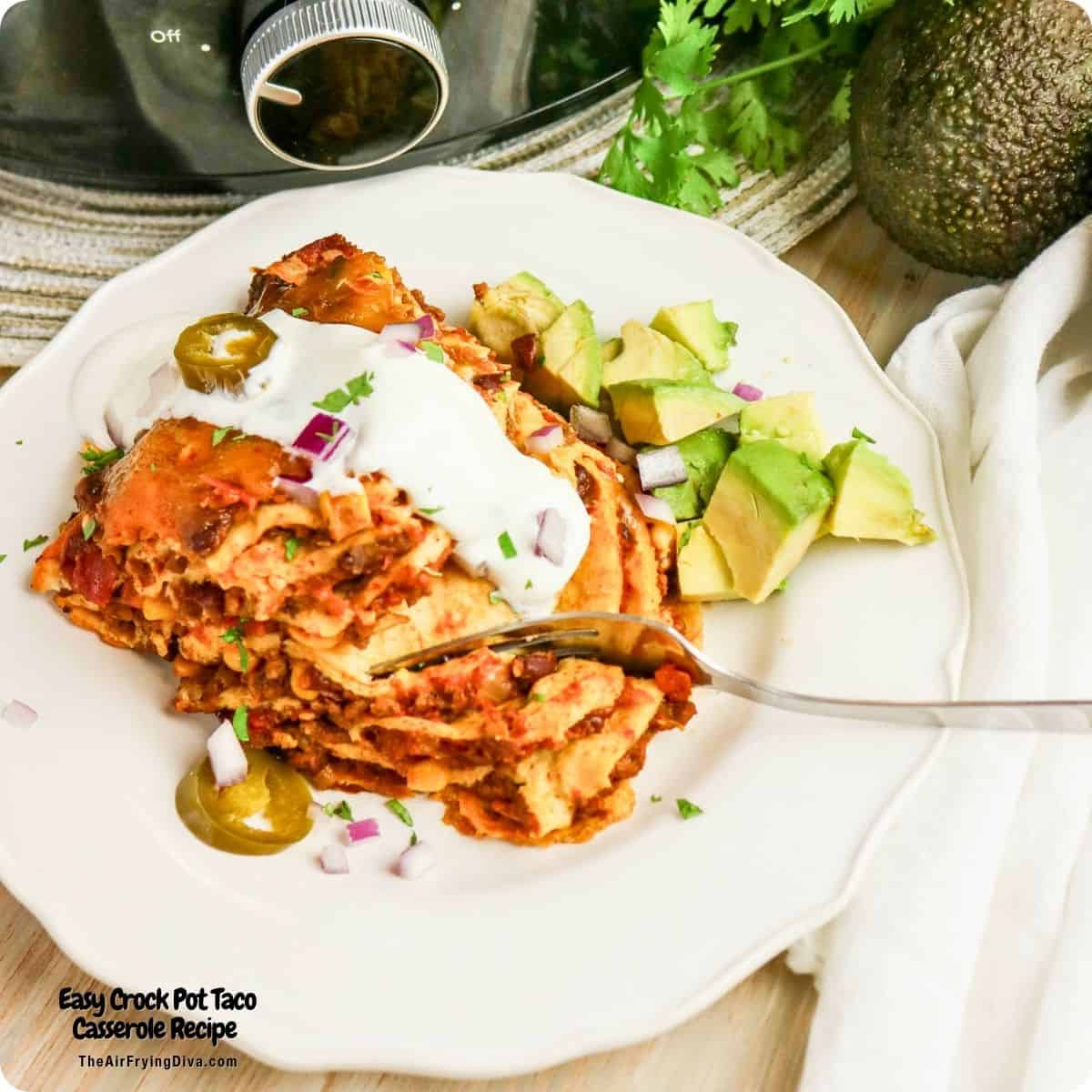 Easy Crock Pot Taco Casserole, a recipe for Cheesy Taco Lasagna with Tortillas, seasoned beef, beans, corn, and melty cheese. Easy Crock Pot Taco Casserole, a recipe for Cheesy Taco Lasagna with Tortillas, seasoned beef, beans, corn, and melty cheese.