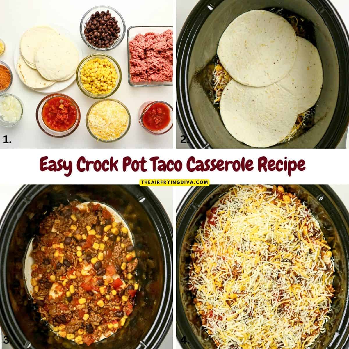 Easy Crock Pot Taco Casserole, a recipe for Cheesy Taco Lasagna with Tortillas, seasoned beef, beans, corn, and melty cheese. Easy Crock Pot Taco Casserole Recipe