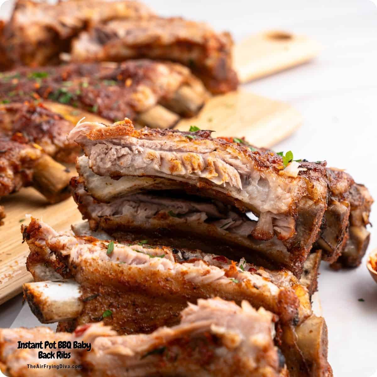 Instant Pot BBQ Baby Back Ribs, tender, flavorful, and easy to make with a smoky dry rub, BBQ sauce, and a quick broil for the perfect finish These Instant Pot BBQ Baby Back Ribs are tender, juicy, and packed with smoky BBQ flavor! Made with a simple dry rub, pressure cooked until perfectly tender, then brushed with BBQ sauce and broiled for the perfect sticky finish. An easy rib recipe for family dinners, game day, and cookouts.