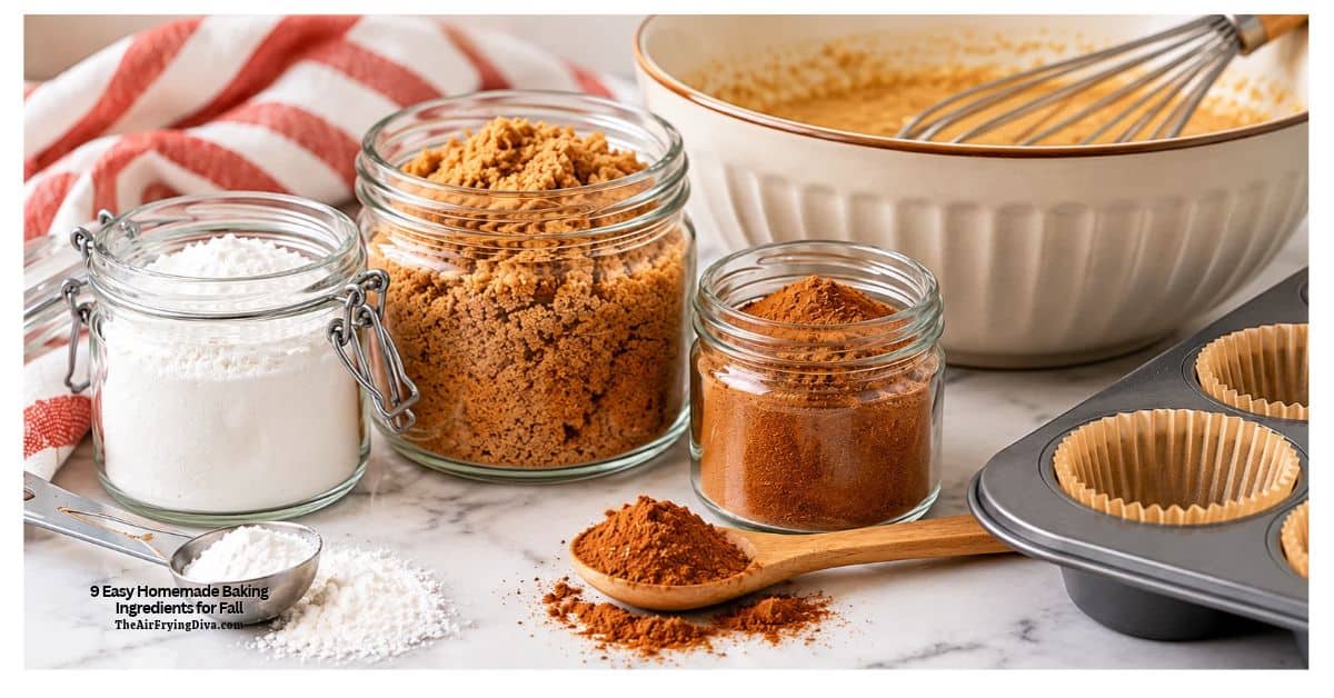 Easy DIY homemade baking ingredients for fall, including DIY spice blends, brown sugar, apple pie filling, and other pantry staples for autumn baking. These 9 Easy Homemade Baking Ingredients for Fall are perfect for stocking your pantry with simple DIY baking staples and flavorful homemade spice blends. From homemade apple pie spice, ground cinnamon, and gingerbread seasoning to brown sugar, baking powder, and apple pie filling, these easy recipes make preparing your favorite fall desserts even more convenient